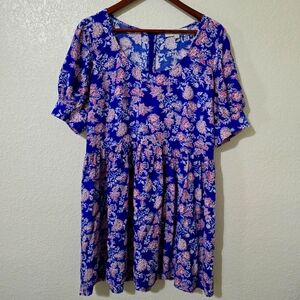 LOFT Puff Sleeve Swing Floral Blue Dress Size L